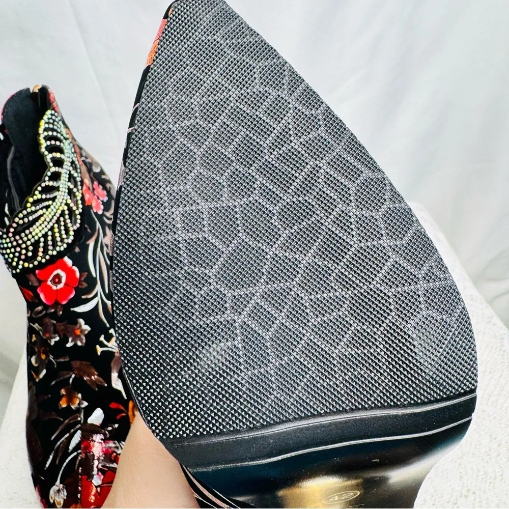 Floral Velvet Rhinestone Ankle Boots Sz 42 (US 10.5) Statement Stiletto Heel - Picture 12 of 16